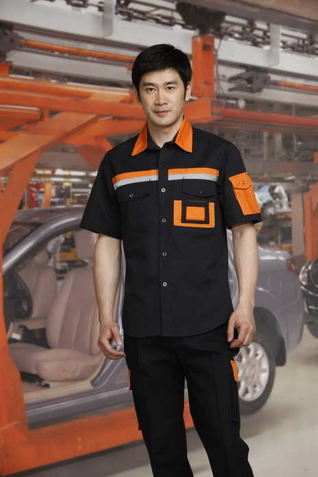 工服定制 耐磨工作服夏装男士 橘黑色工作服夏装